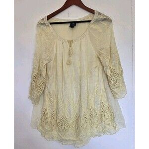 Le Marais Blouse Womens M Top Yellow Floral Sheer Poet Sleeve Sheer Peasant Boho